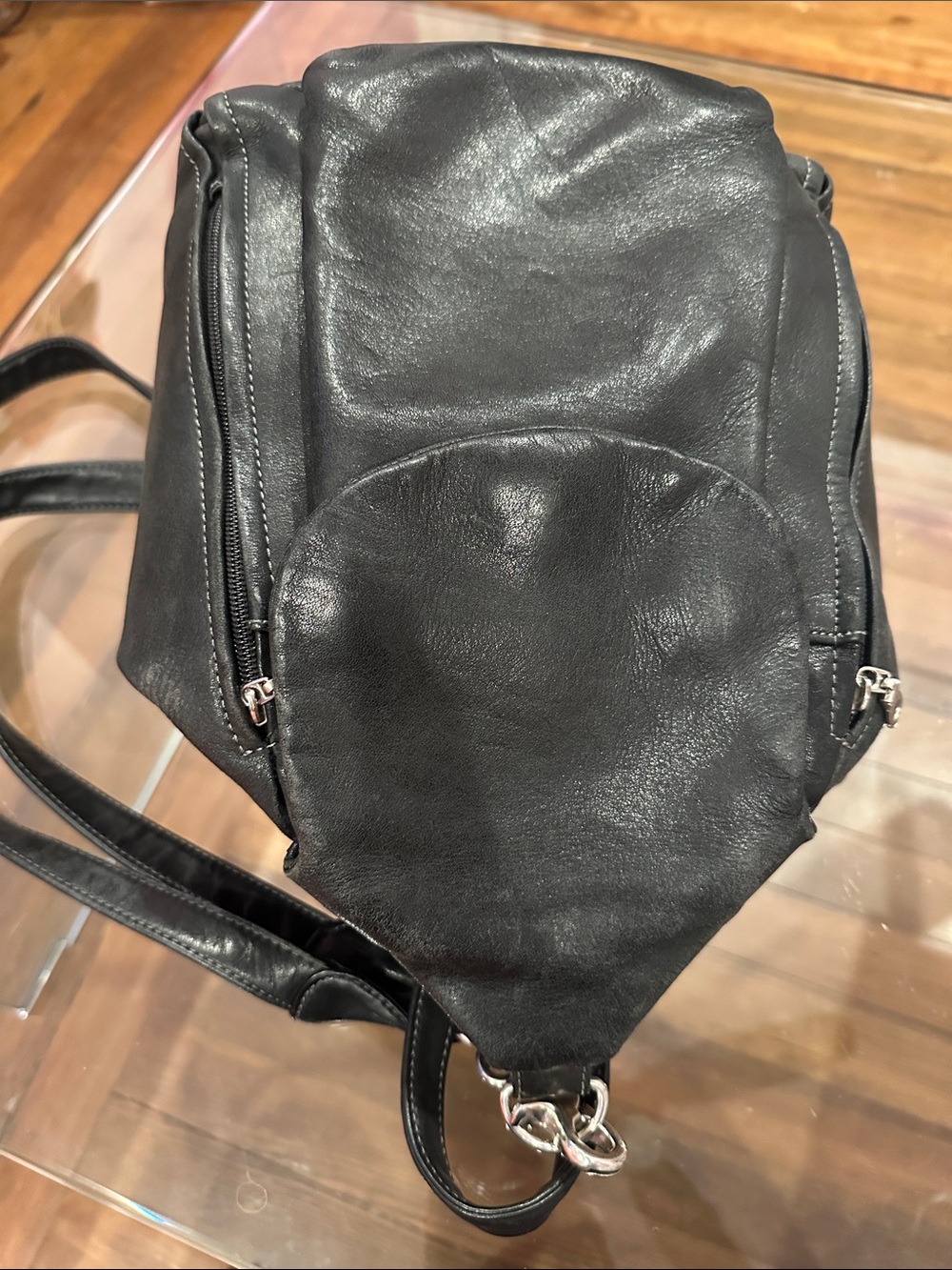 Tignanello Convertible Black Leather Backpack / Sling with Silver Hardware